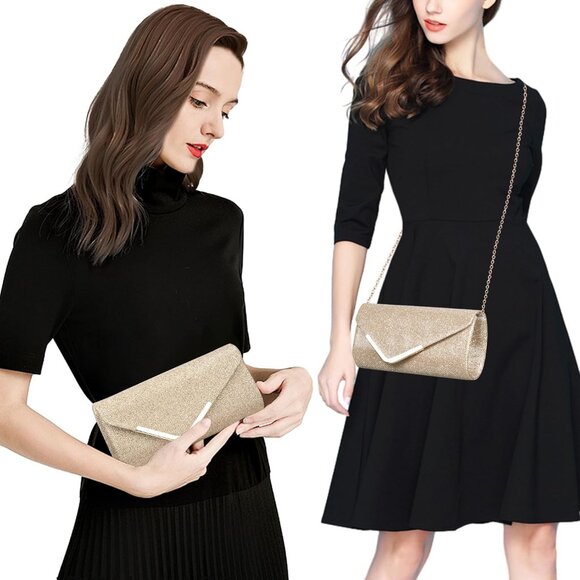 Women Champagne Trendy Clutch Purses Evening Fashion Envelope Cross-Body Handbag - Picture 4 of 7
